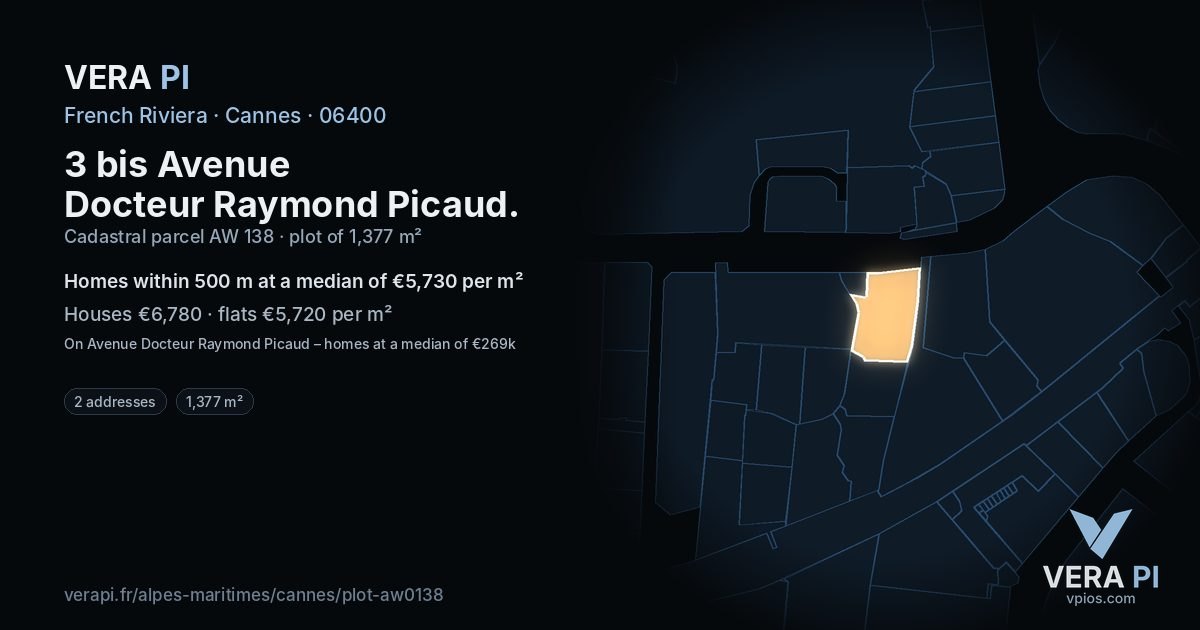 3 bis Avenue Docteur Raymond Picaud, Cannes at night – the plot lit, the parcels around coloured by the prices near them