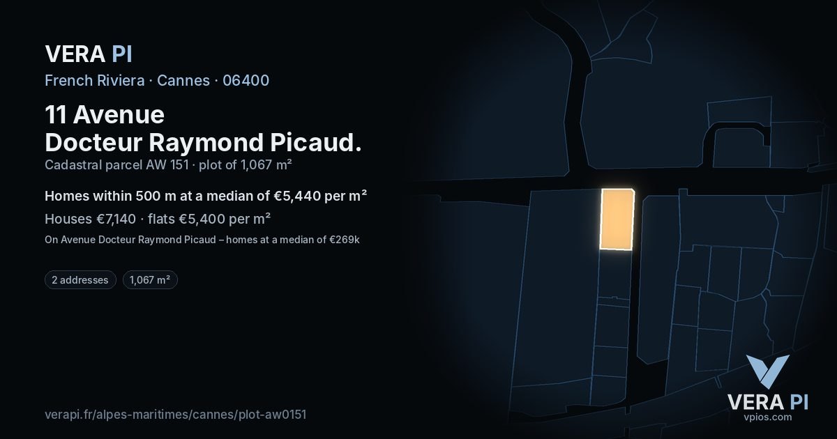 11 Avenue Docteur Raymond Picaud, Cannes at night – the plot lit, the parcels around coloured by the prices near them