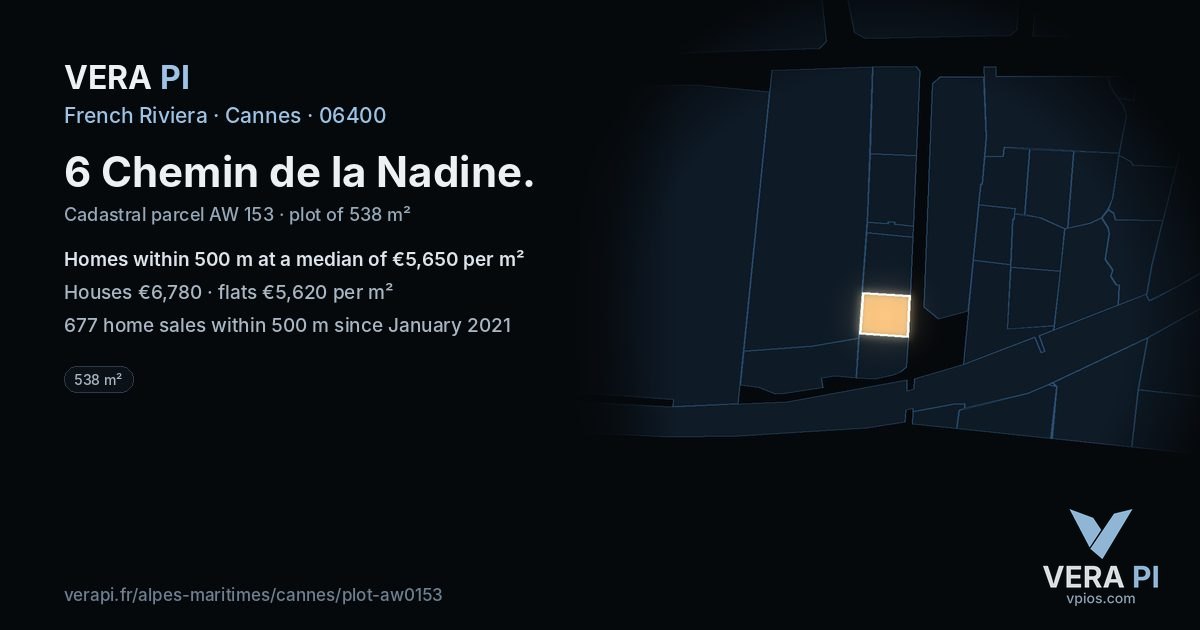 6 Chemin de la Nadine, Cannes at night – the plot lit, the parcels around coloured by the prices near them