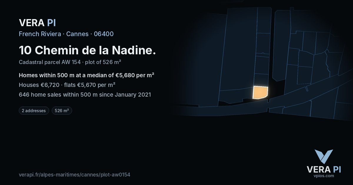 10 Chemin de la Nadine, Cannes at night – the plot lit, the parcels around coloured by the prices near them