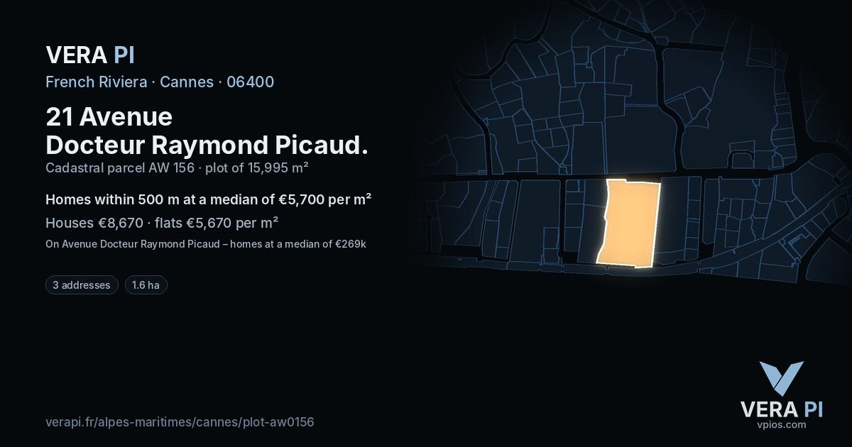 21 Avenue Docteur Raymond Picaud, Cannes at night – the plot lit, the parcels around coloured by the prices near them