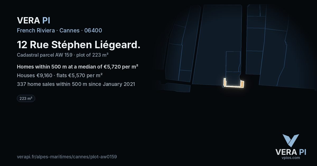 12 Rue Stéphen Liégeard, Cannes at night – the plot lit, the parcels around coloured by the prices near them