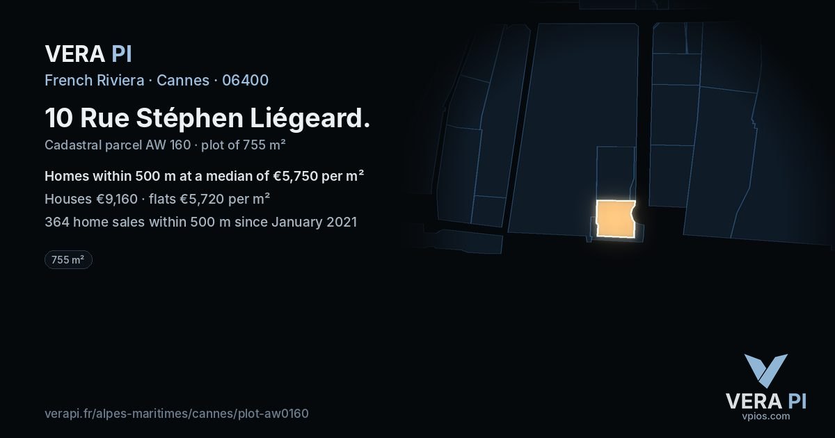 10 Rue Stéphen Liégeard, Cannes at night – the plot lit, the parcels around coloured by the prices near them