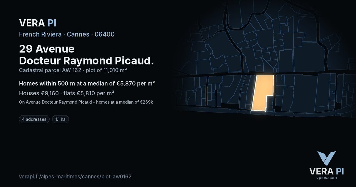 29 Avenue Docteur Raymond Picaud, Cannes at night – the plot lit, the parcels around coloured by the prices near them