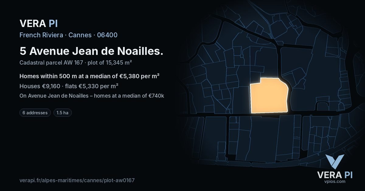 5 Avenue Jean de Noailles, Cannes at night – the plot lit, the parcels around coloured by the prices near them