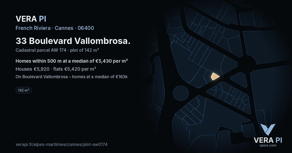 33 Boulevard Vallombrosa, Cannes at night – the plot lit, the parcels around coloured by the prices near them