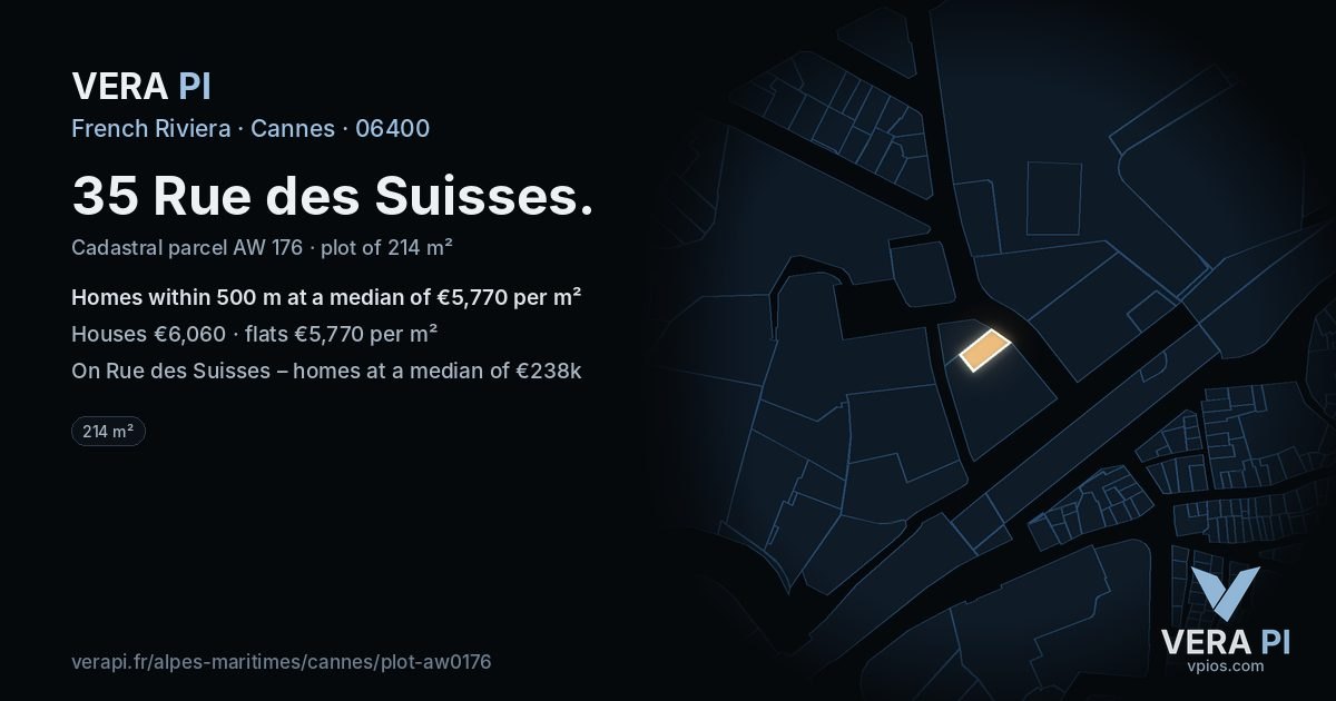 35 Rue des Suisses, Cannes at night – the plot lit, the parcels around coloured by the prices near them