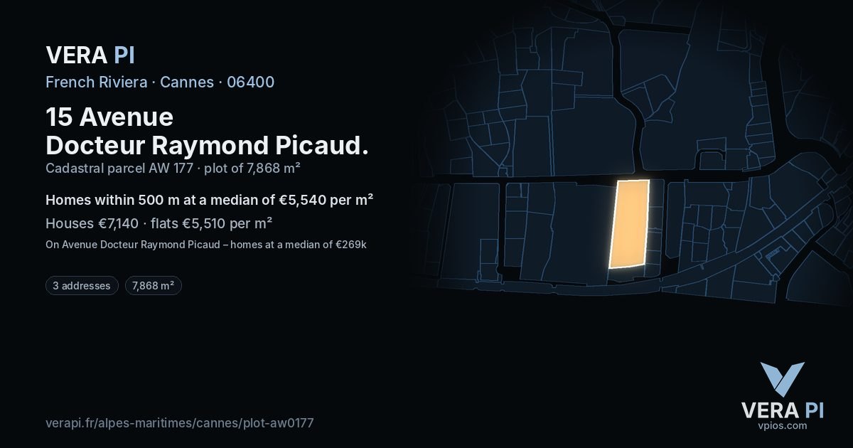 15 Avenue Docteur Raymond Picaud, Cannes at night – the plot lit, the parcels around coloured by the prices near them