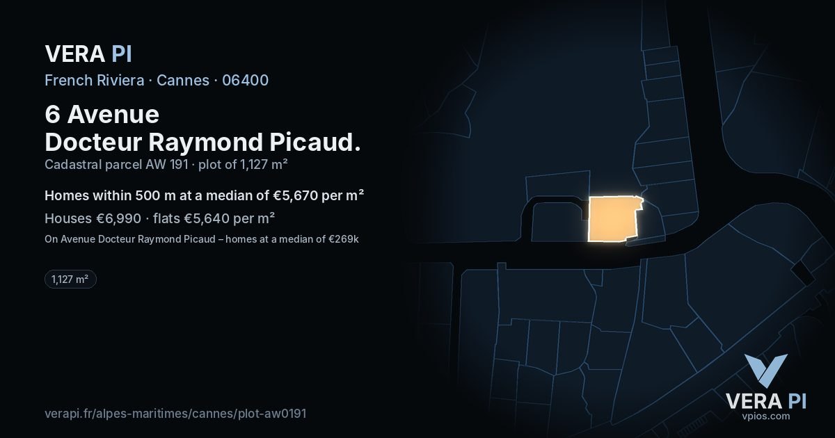 6 Avenue Docteur Raymond Picaud, Cannes at night – the plot lit, the parcels around coloured by the prices near them