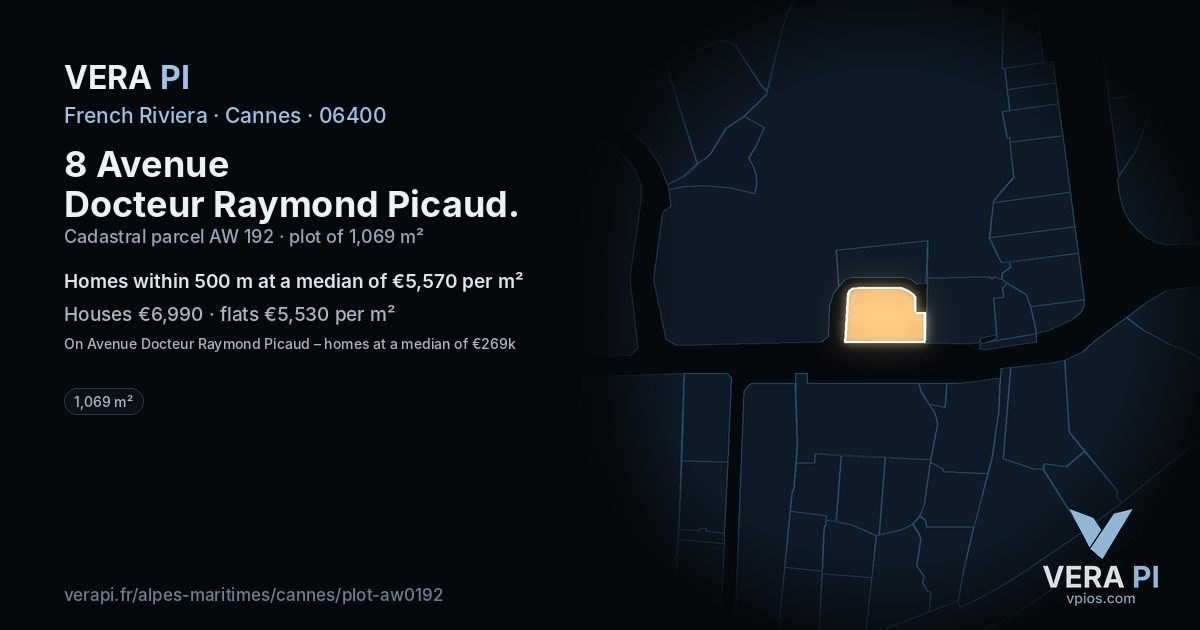 8 Avenue Docteur Raymond Picaud, Cannes at night – the plot lit, the parcels around coloured by the prices near them