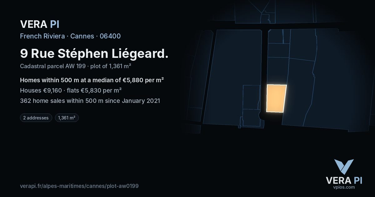 9 Rue Stéphen Liégeard, Cannes at night – the plot lit, the parcels around coloured by the prices near them
