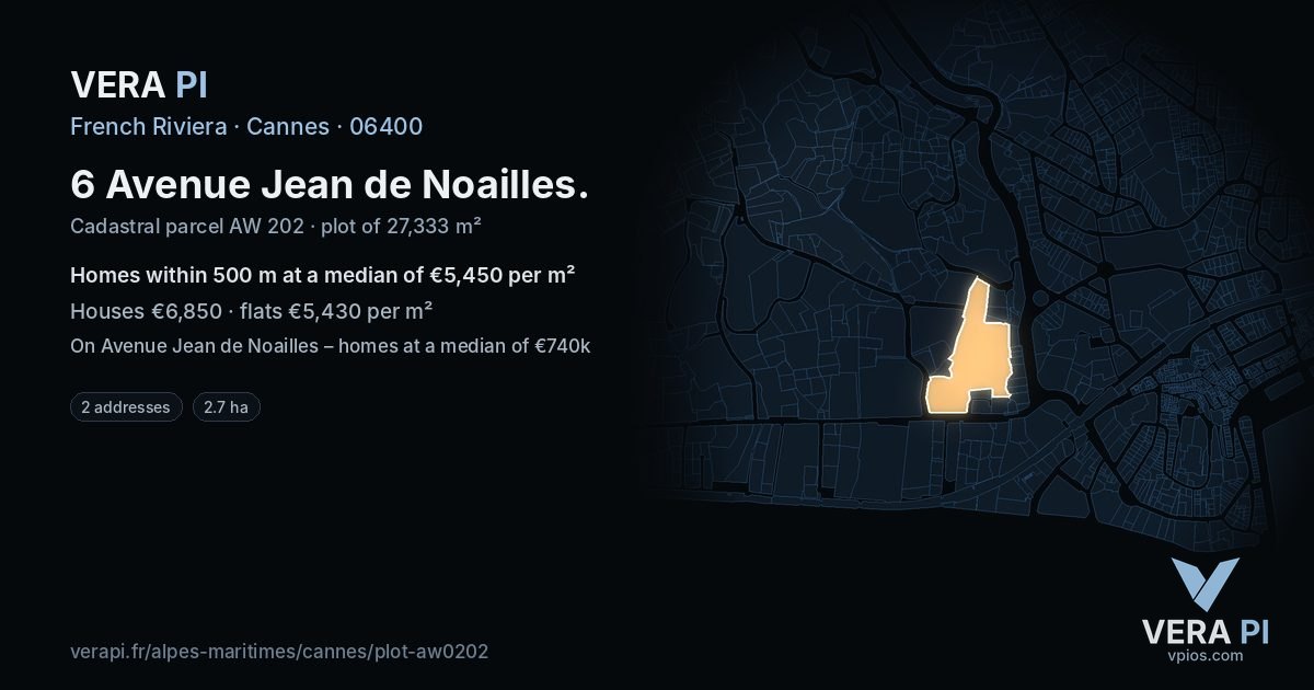 6 Avenue Jean de Noailles, Cannes at night – the plot lit, the parcels around coloured by the prices near them