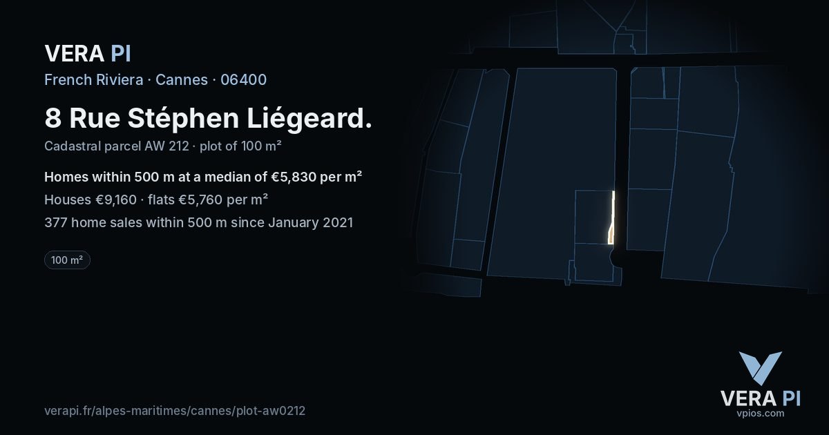 8 Rue Stéphen Liégeard, Cannes at night – the plot lit, the parcels around coloured by the prices near them