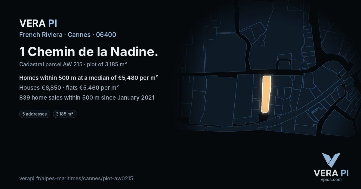 1 Chemin de la Nadine, Cannes at night – the plot lit, the parcels around coloured by the prices near them