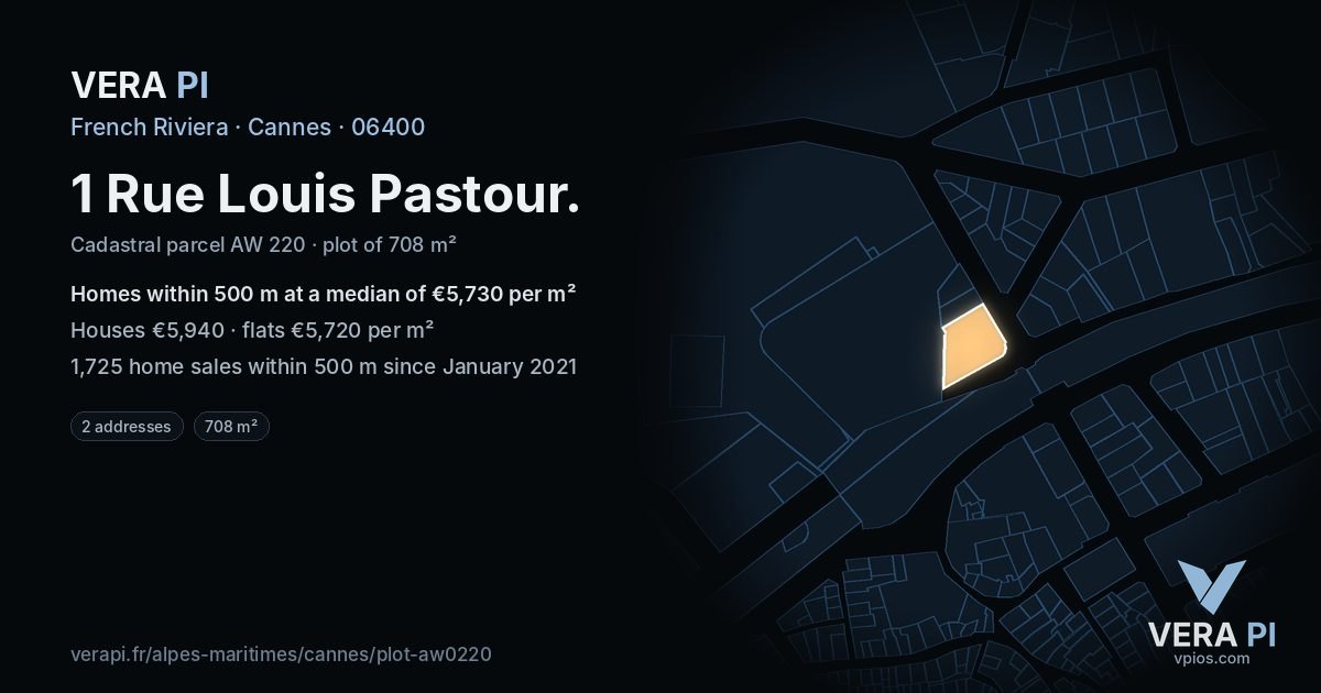 1 Rue Louis Pastour, Cannes at night – the plot lit, the parcels around coloured by the prices near them