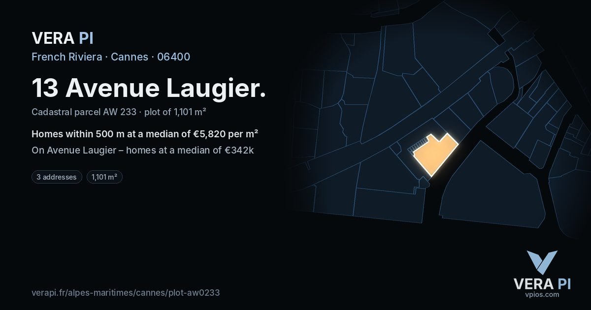 13 Avenue Laugier, Cannes at night – the plot lit, the parcels around coloured by the prices near them