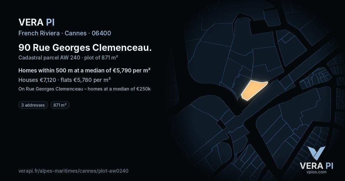 90 Rue Georges Clemenceau, Cannes at night – the plot lit, the parcels around coloured by the prices near them