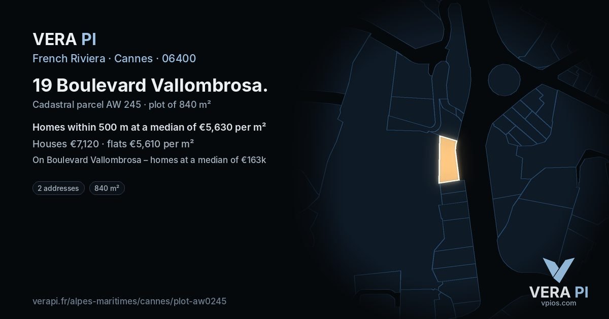 19 Boulevard Vallombrosa, Cannes at night – the plot lit, the parcels around coloured by the prices near them