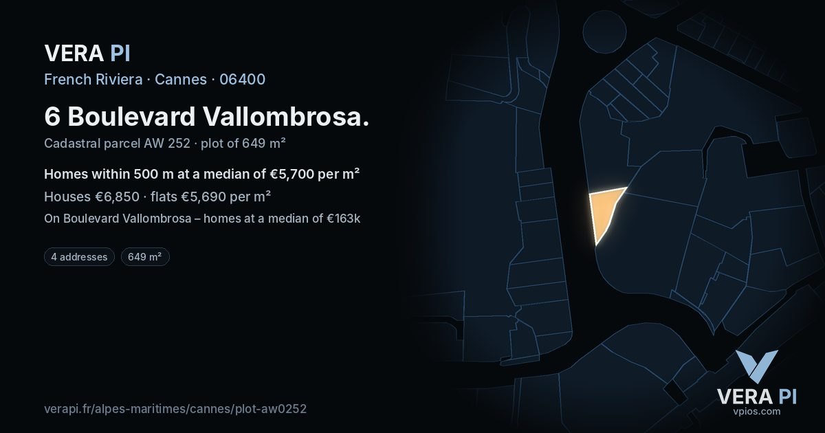 6 Boulevard Vallombrosa, Cannes at night – the plot lit, the parcels around coloured by the prices near them