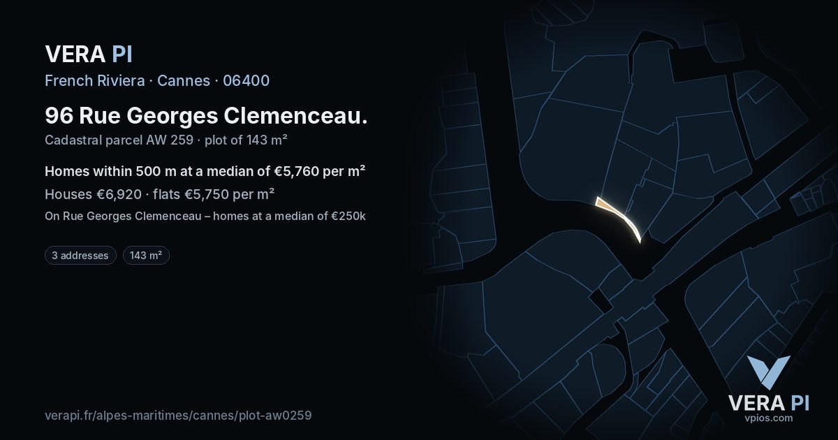96 Rue Georges Clemenceau, Cannes at night – the plot lit, the parcels around coloured by the prices near them