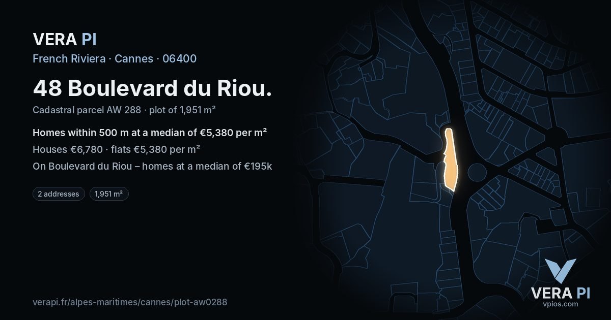 48 Boulevard du Riou, Cannes at night – the plot lit, the parcels around coloured by the prices near them