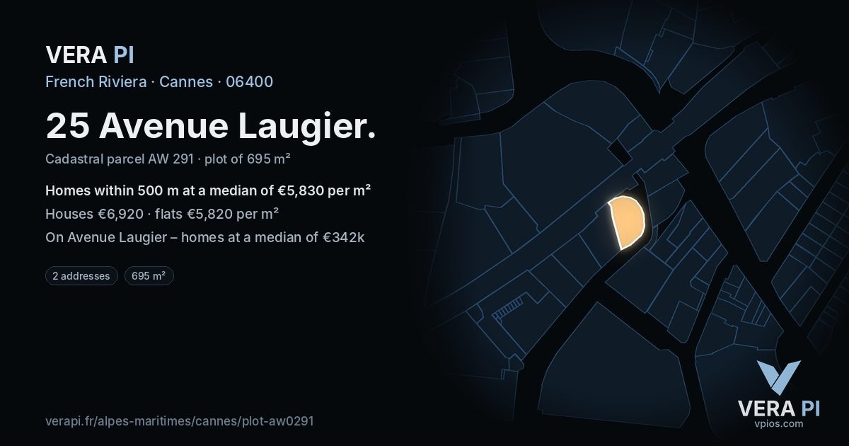 25 Avenue Laugier, Cannes at night – the plot lit, the parcels around coloured by the prices near them