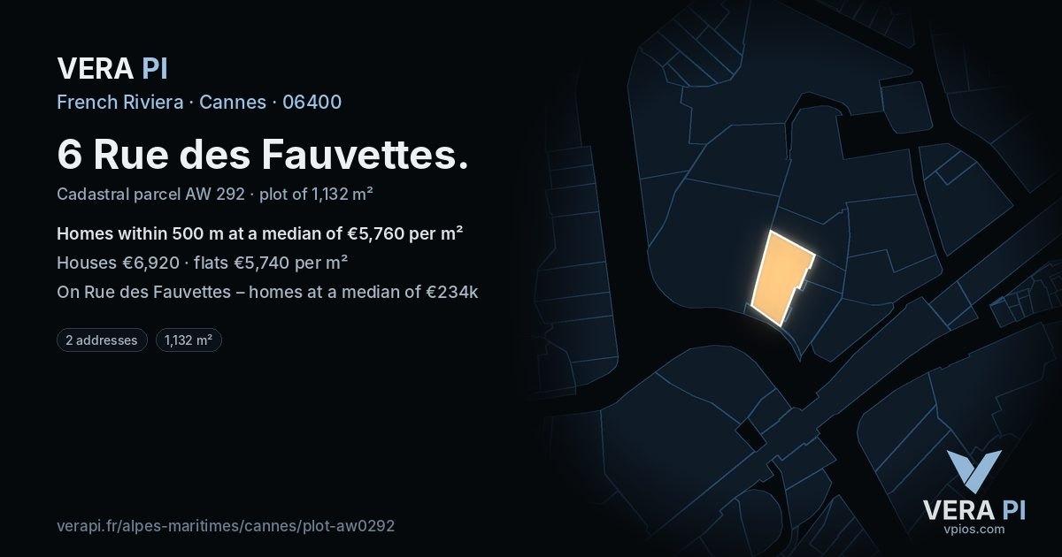 6 Rue des Fauvettes, Cannes at night – the plot lit, the parcels around coloured by the prices near them
