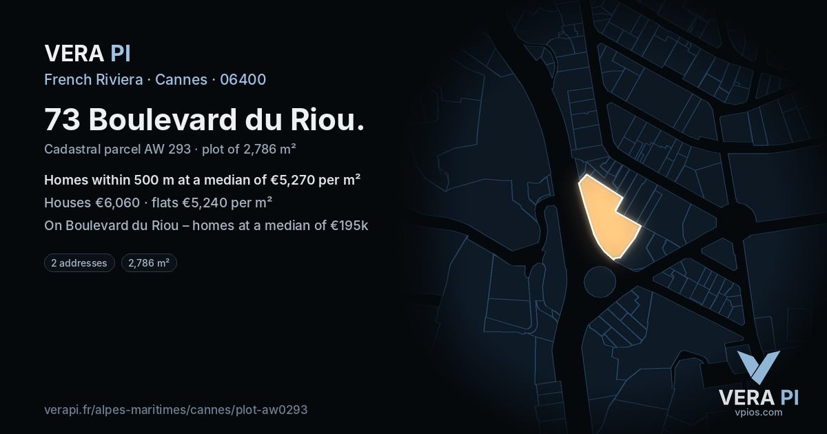 73 Boulevard du Riou, Cannes at night – the plot lit, the parcels around coloured by the prices near them