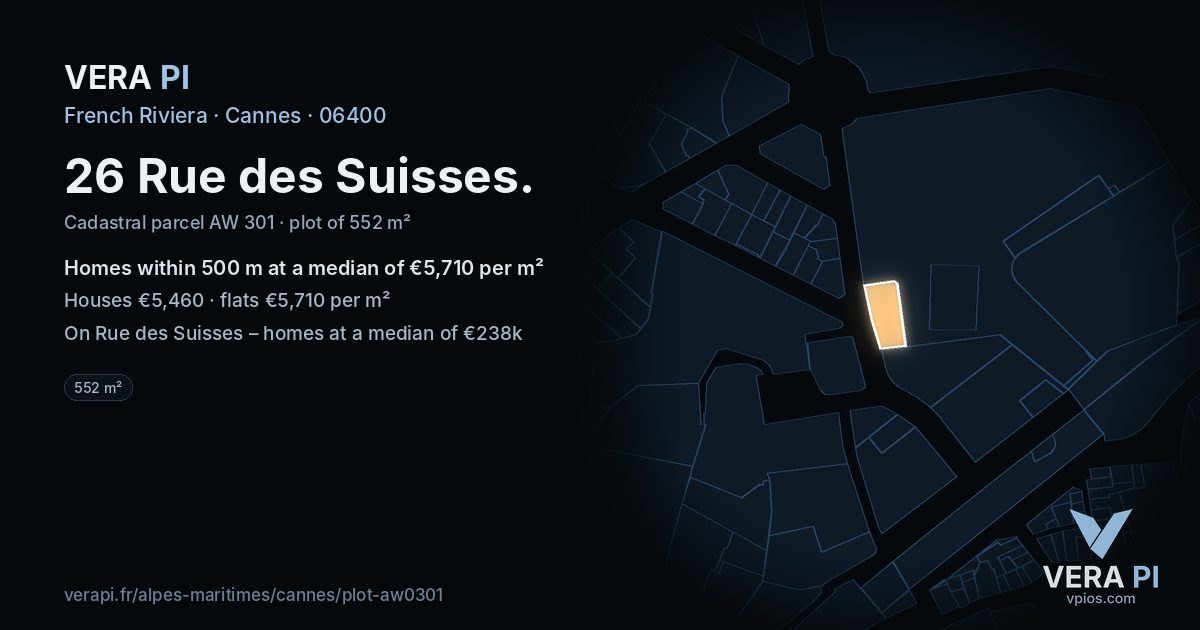 26 Rue des Suisses, Cannes at night – the plot lit, the parcels around coloured by the prices near them