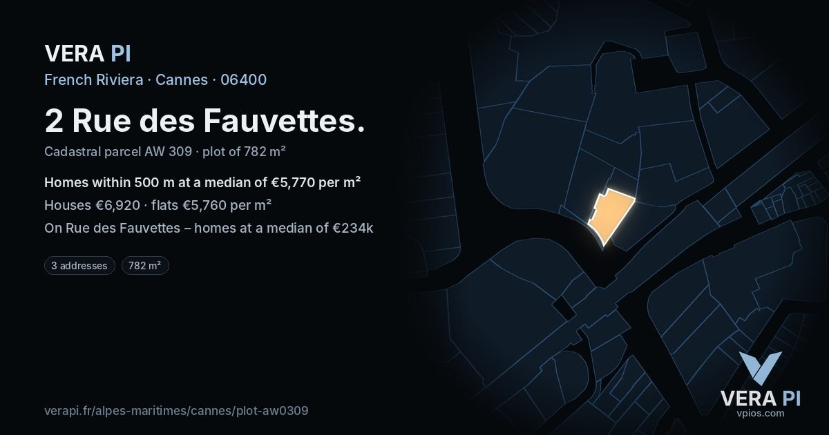 2 Rue des Fauvettes, Cannes at night – the plot lit, the parcels around coloured by the prices near them