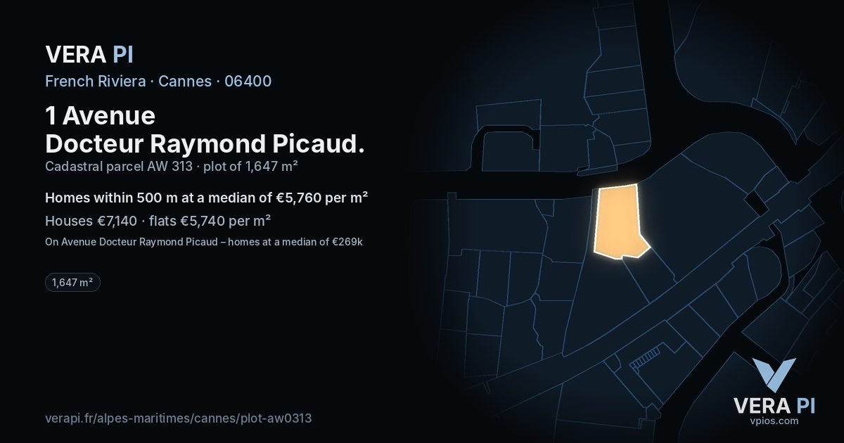 1 Avenue Docteur Raymond Picaud, Cannes at night – the plot lit, the parcels around coloured by the prices near them