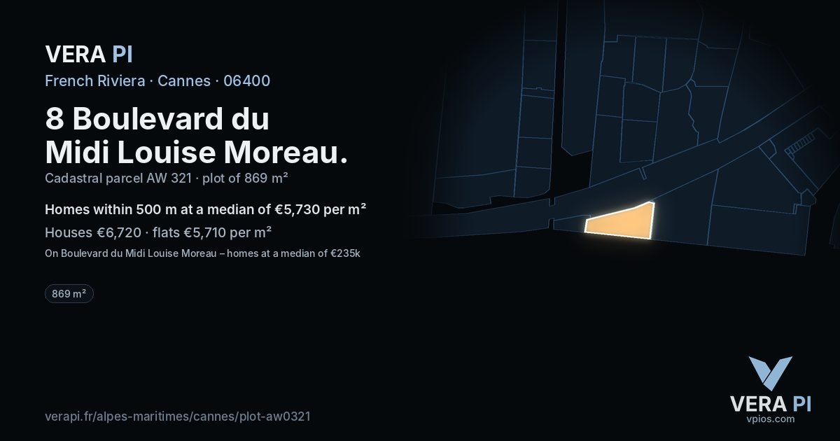 8 Boulevard du Midi Louise Moreau, Cannes at night – the plot lit, the parcels around coloured by the prices near them