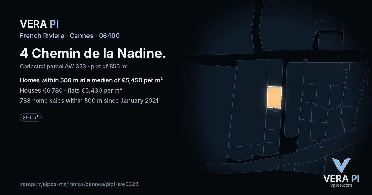 4 Chemin de la Nadine, Cannes at night – the plot lit, the parcels around coloured by the prices near them