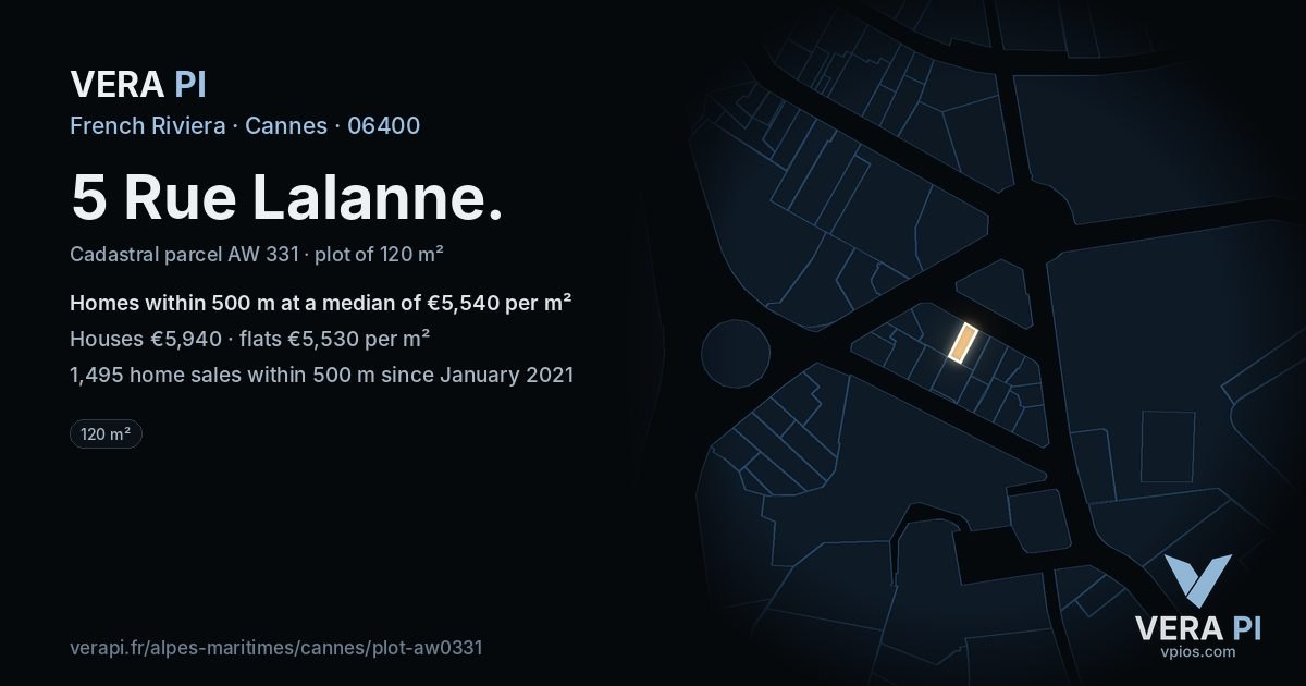 5 Rue Lalanne, Cannes at night – the plot lit, the parcels around coloured by the prices near them