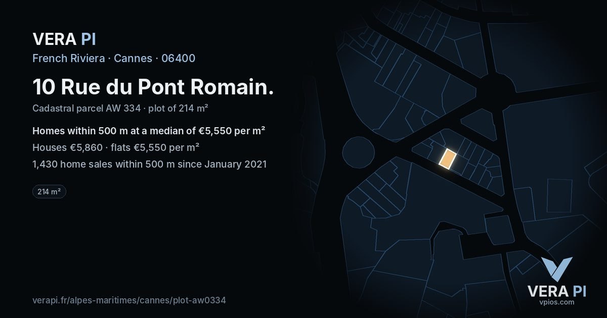 10 Rue du Pont Romain, Cannes at night – the plot lit, the parcels around coloured by the prices near them