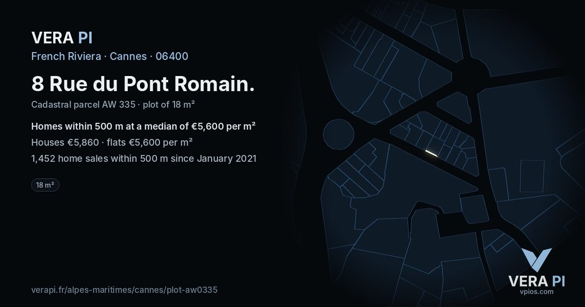 8 Rue du Pont Romain, Cannes at night – the plot lit, the parcels around coloured by the prices near them