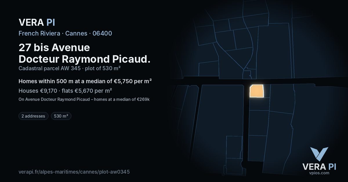 27 bis Avenue Docteur Raymond Picaud, Cannes at night – the plot lit, the parcels around coloured by the prices near them