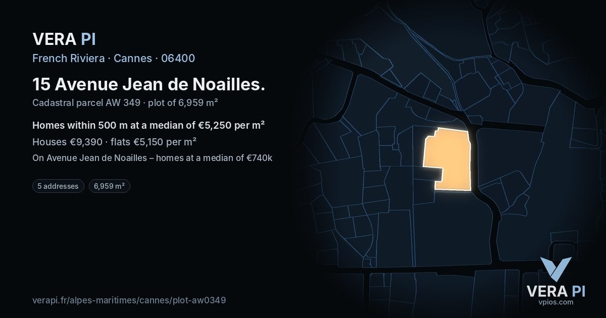 15 Avenue Jean de Noailles, Cannes at night – the plot lit, the parcels around coloured by the prices near them