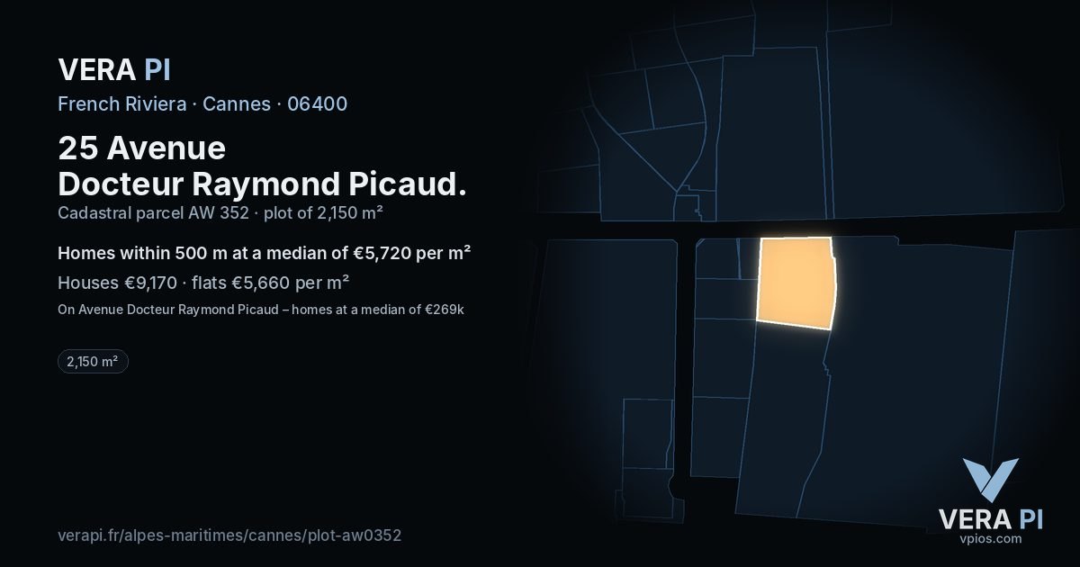 25 Avenue Docteur Raymond Picaud, Cannes at night – the plot lit, the parcels around coloured by the prices near them