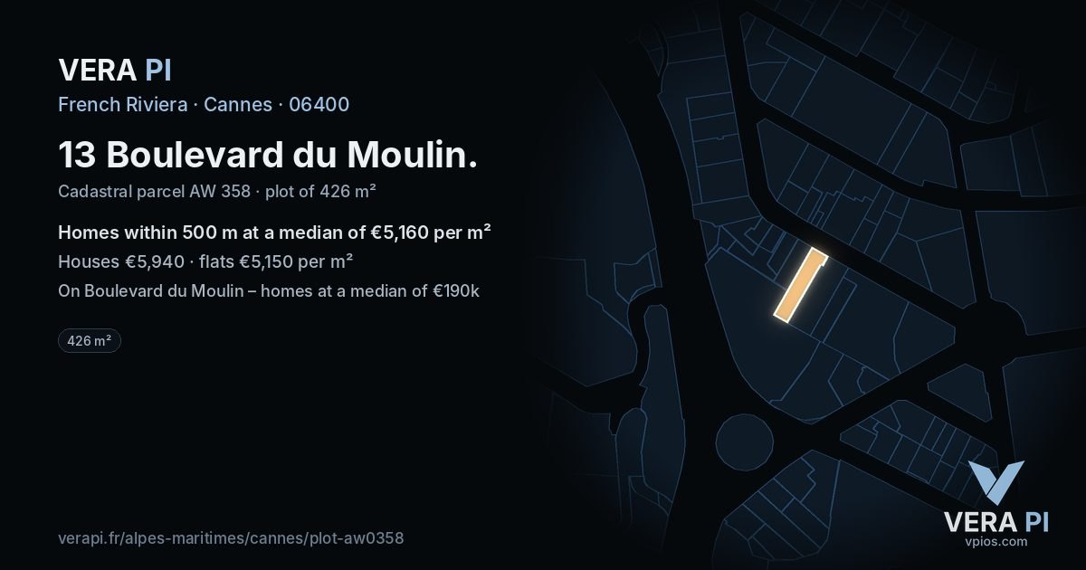 13 Boulevard du Moulin, Cannes at night – the plot lit, the parcels around coloured by the prices near them