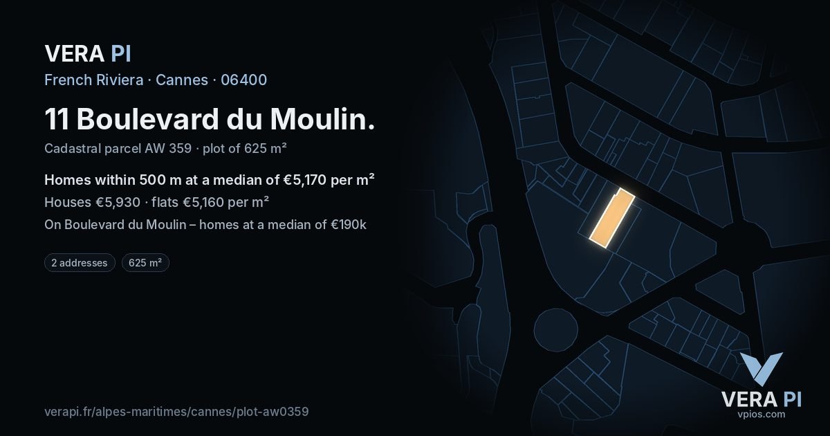 11 Boulevard du Moulin, Cannes at night – the plot lit, the parcels around coloured by the prices near them