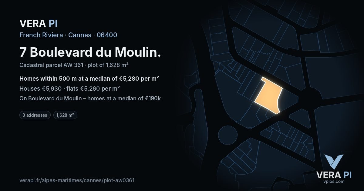 7 Boulevard du Moulin, Cannes at night – the plot lit, the parcels around coloured by the prices near them