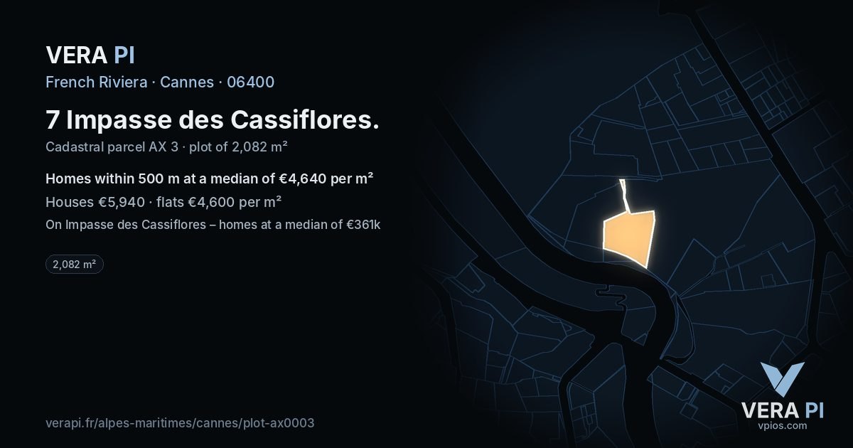 7 Impasse des Cassiflores, Cannes at night – the plot lit, the parcels around coloured by the prices near them