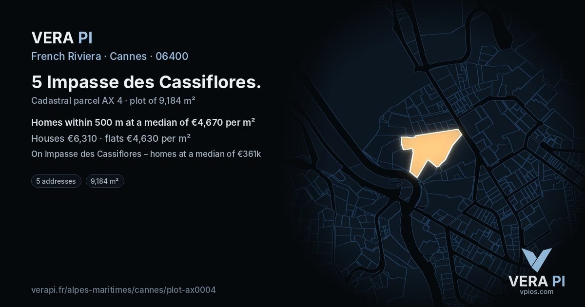 5 Impasse des Cassiflores, Cannes at night – the plot lit, the parcels around coloured by the prices near them