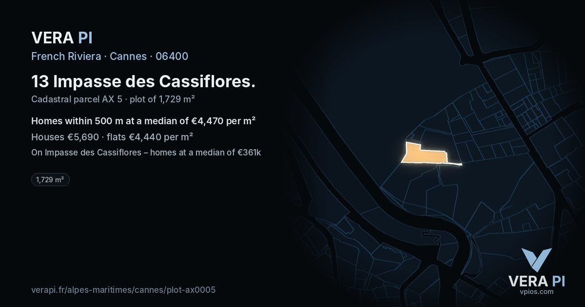 13 Impasse des Cassiflores, Cannes at night – the plot lit, the parcels around coloured by the prices near them