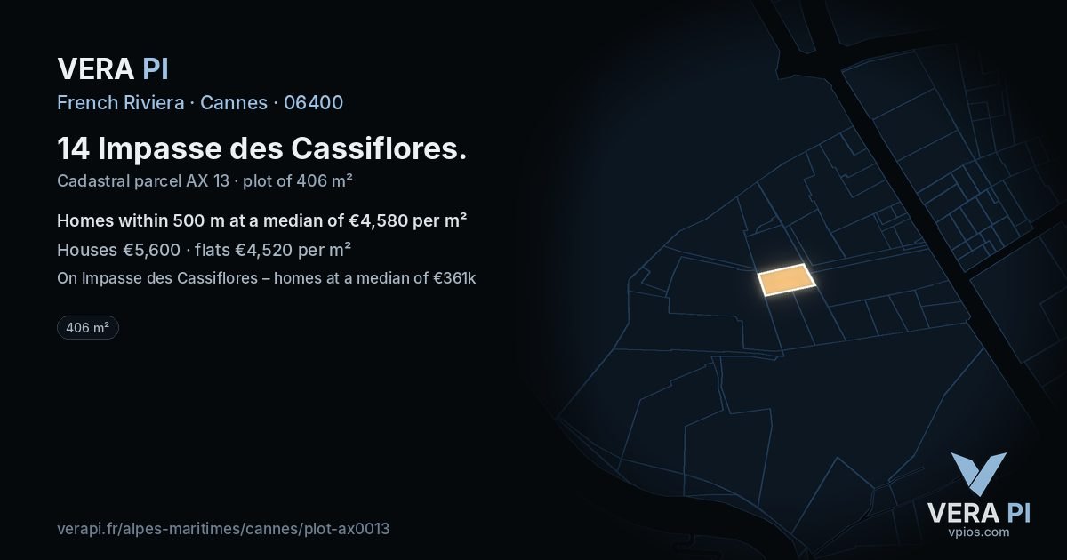 14 Impasse des Cassiflores, Cannes at night – the plot lit, the parcels around coloured by the prices near them
