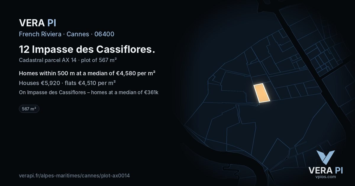 12 Impasse des Cassiflores, Cannes at night – the plot lit, the parcels around coloured by the prices near them