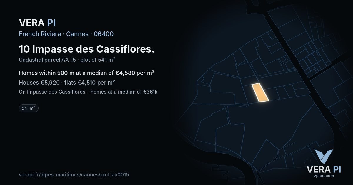 10 Impasse des Cassiflores, Cannes at night – the plot lit, the parcels around coloured by the prices near them
