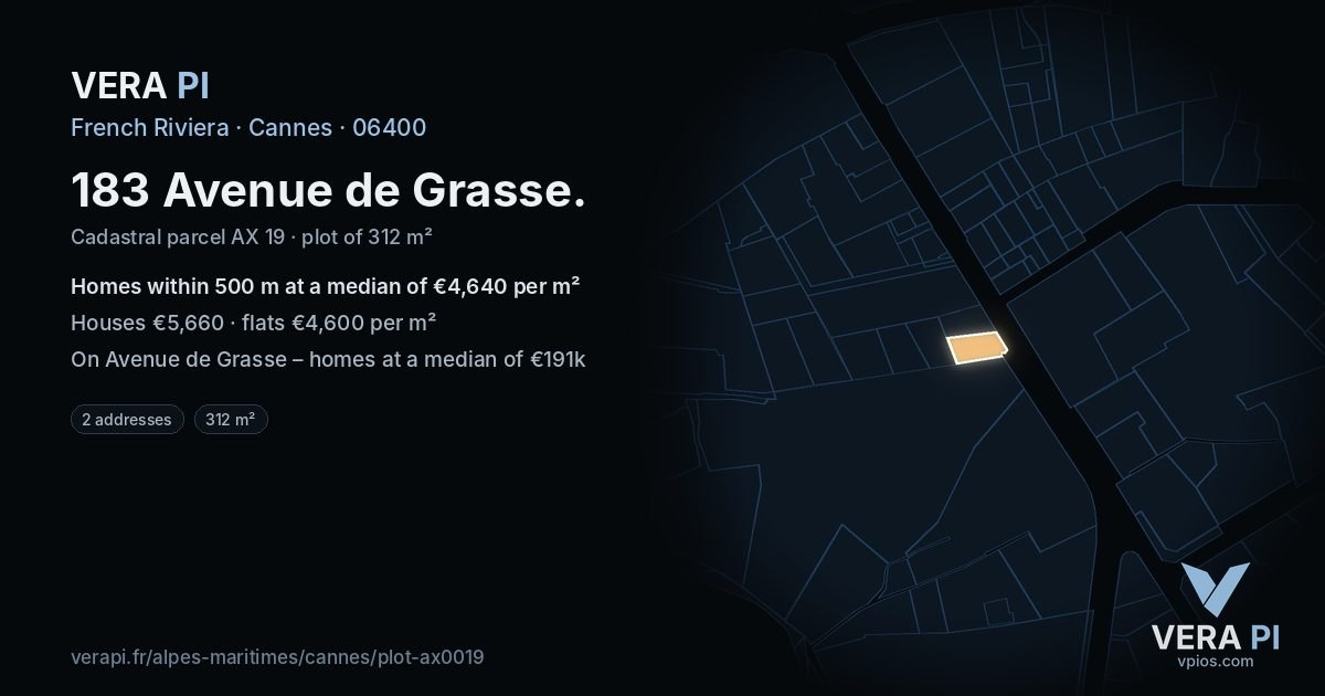 183 Avenue de Grasse, Cannes at night – the plot lit, the parcels around coloured by the prices near them