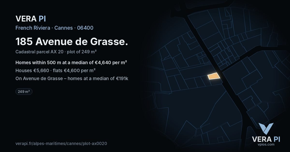 185 Avenue de Grasse, Cannes at night – the plot lit, the parcels around coloured by the prices near them